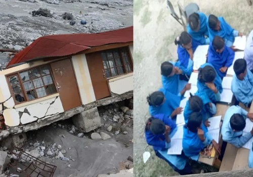 बाढीले विद्यालय भवनमा क्षति पुर्‍याएपछि खुला चौरमा पढाइ