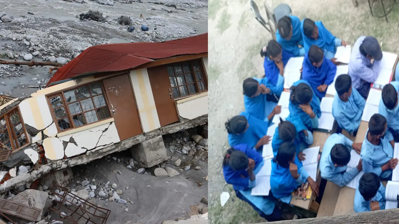 बाढीले विद्यालय भवनमा क्षति पुर्‍याएपछि खुला चौरमा पढाइ