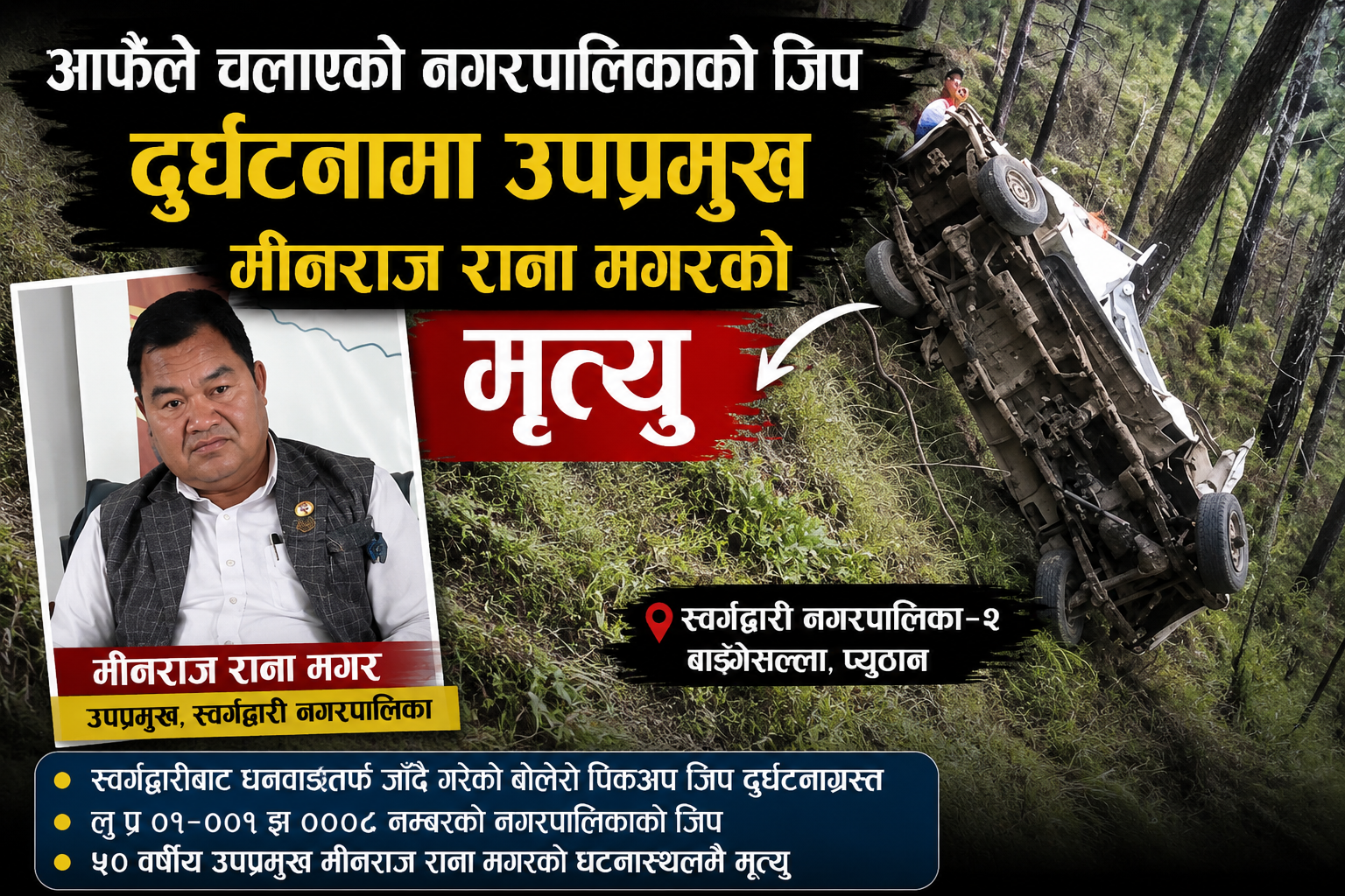 आफैंले चलाएको नगरपालिकाको जिप दुर्घटनामा स्वर्गद्वारीका उपप्रमुख मीनराज राना मगरको मृत्यु