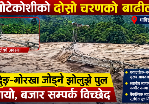 भोटेकोशीको दोस्रो चरणको बाढीले घ्याल्चोक–चरौँदी झोलुङ्गे पुल बगायो, बजार सम्पर्क विच्छेद