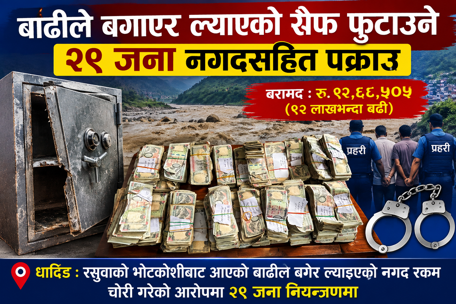 बाढीले बगाएर ल्याएको सेफ फुटाउने २९ जना नगदसहित पक्राउ, ९२ लाखभन्दा बढी बरामद
