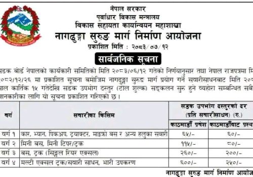 १५ कात्तिकदेखि नागढुंगा सुरुङ मार्ग प्रयोग गर्ने सवारीसाधनबाट शुल्क उठाइने