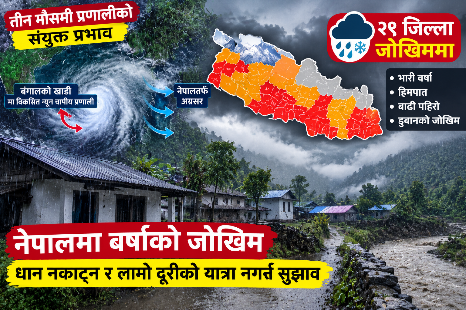 तीन मौसमी प्रणालीको संयुक्त प्रभावले नेपालमा वर्षाको जोखिम, २९ जिल्ला प्रभावित हुन सक्ने