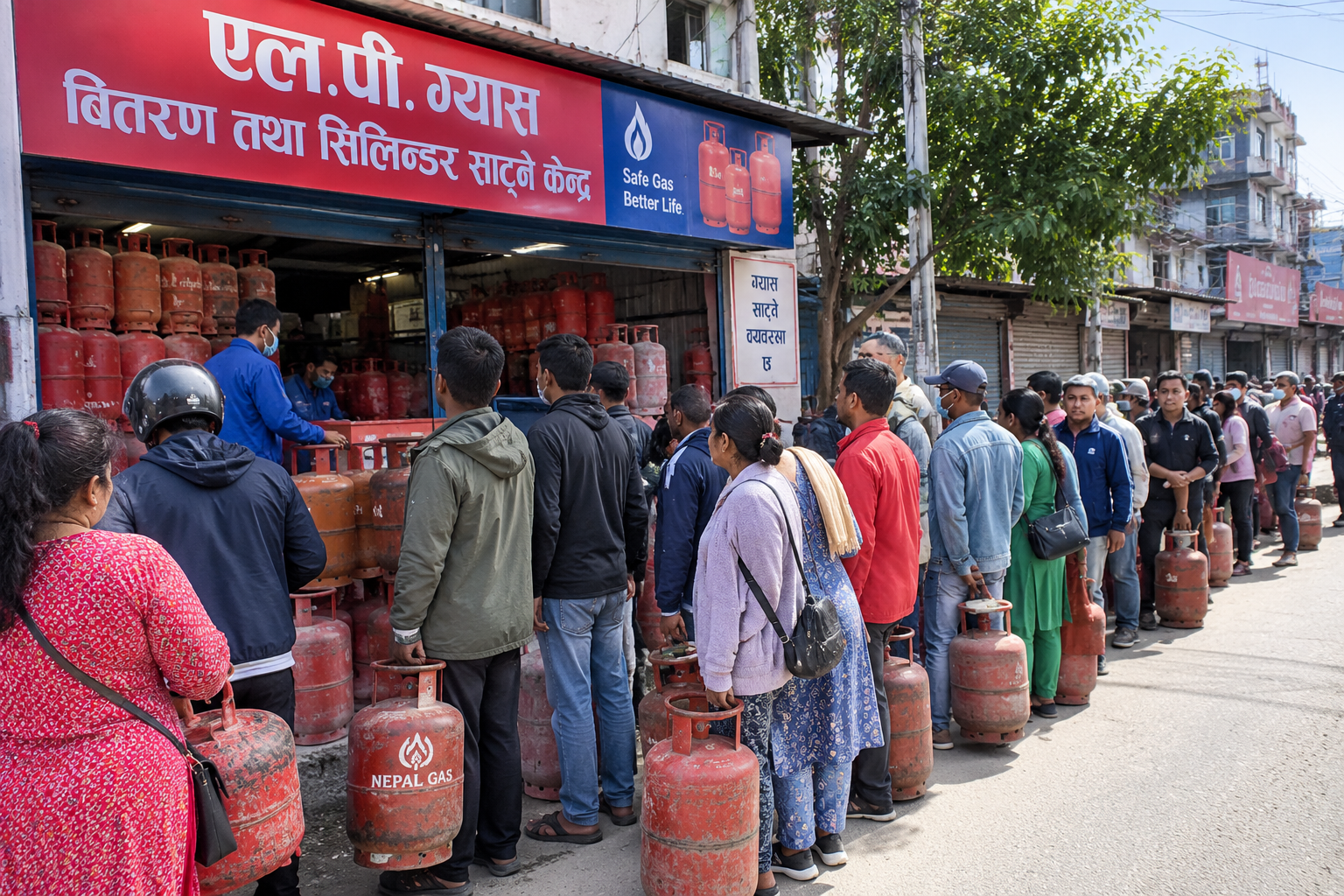 दसैँ नजिकिँदै गर्दा एलपी ग्यासको अभाव, सिलिन्डर बोकेर लाइनमा बस्न बाध्य उपभोक्ता